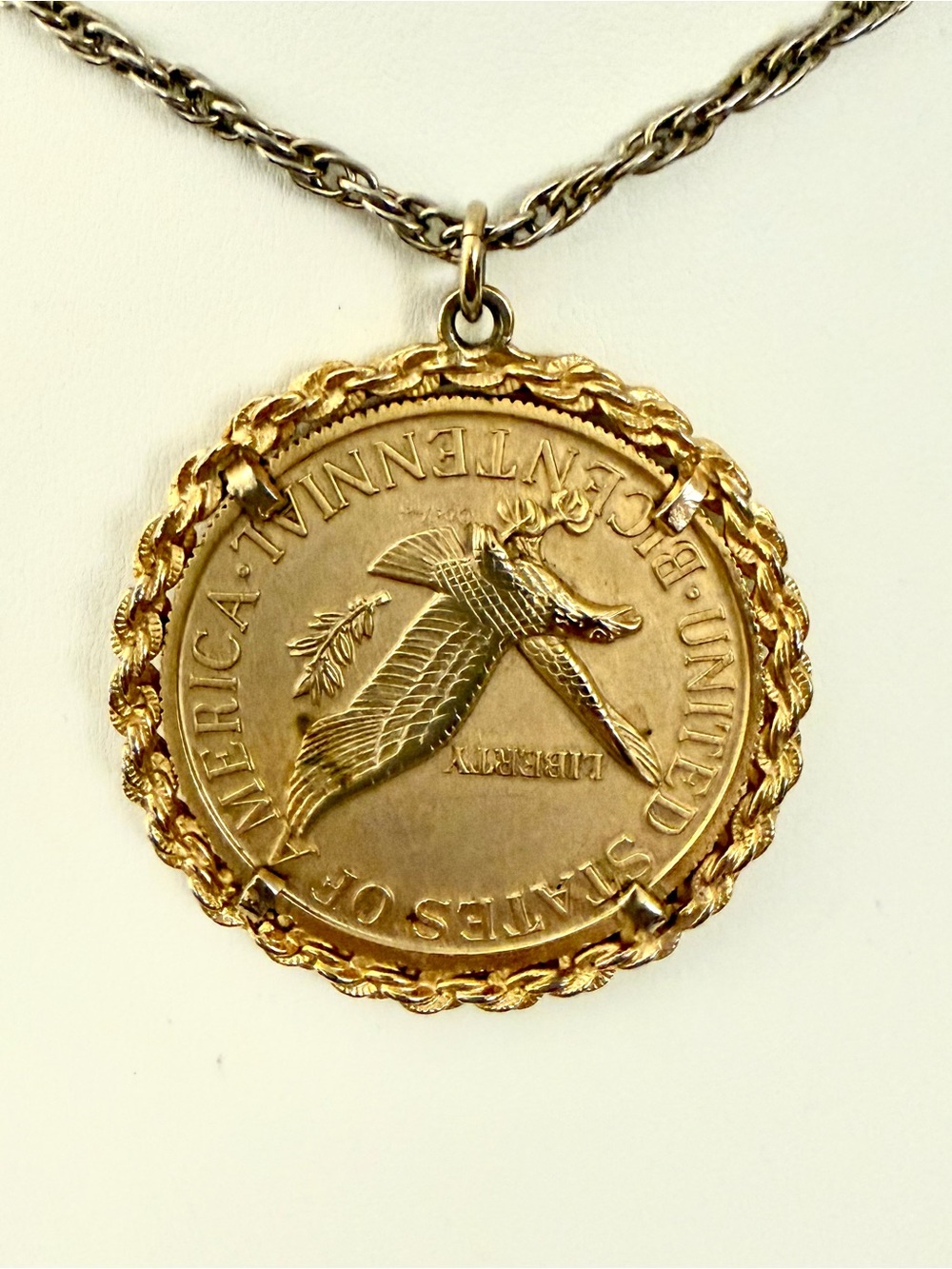925 Sterling Silver 24 In Necklace Gold Plated Bicentennial Spirit of 76 Pendant